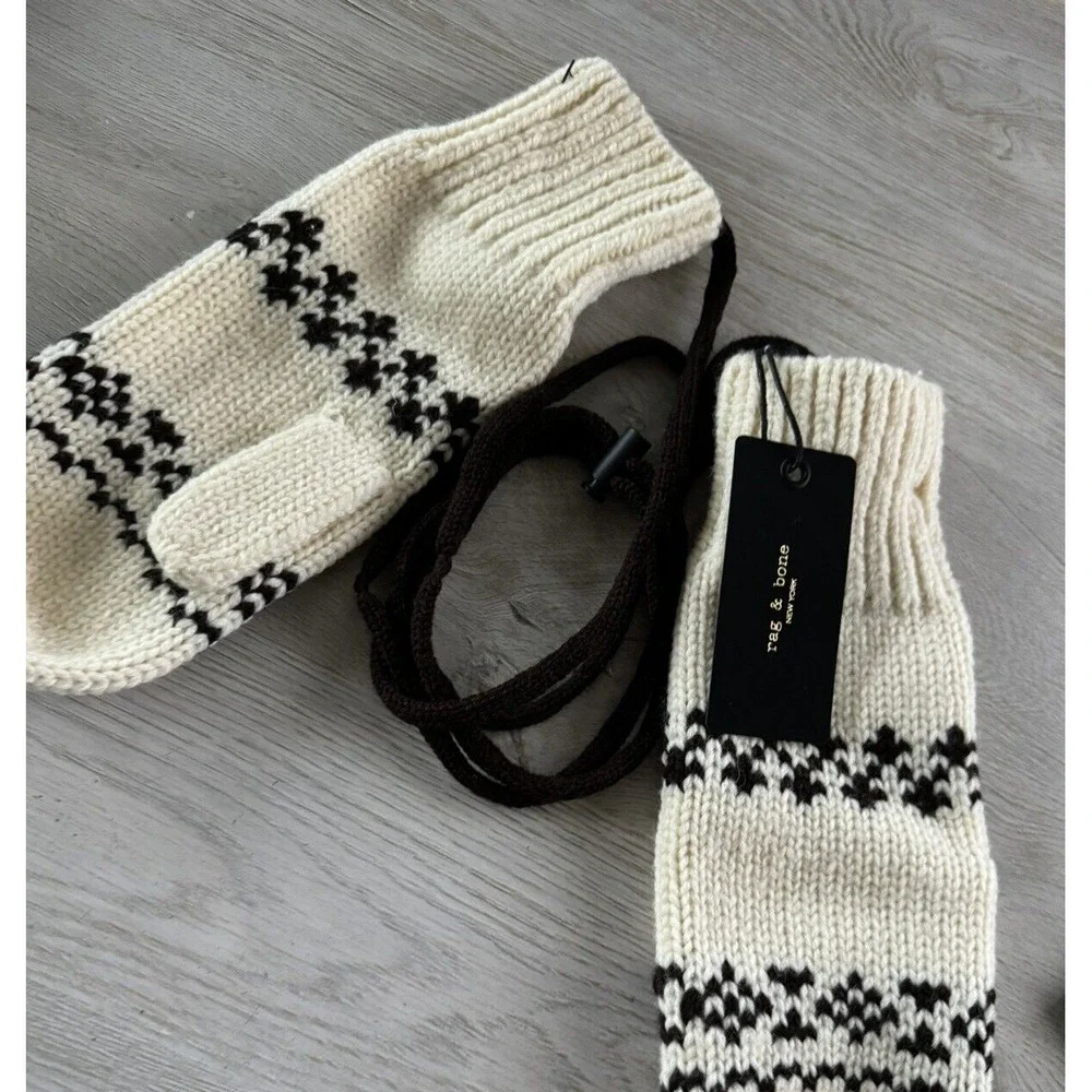 rag & bone BROOKE WOOL Mittens with Neck‎ cord IVORY FAIR ISLE One Size NEW $150